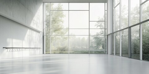 Modern Dance Hall with Floor-to-Ceiling Windows and Minimalist Ballet Barres in Dreamy Natural Light