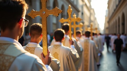 Procesión católica de sacerdotes y monaguillos portando una cruz dorada, vista desde atrás 