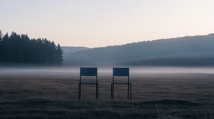 Naklejka premium Ultra-Minimalist Bronze Chairs in a Misty Rural Meadow at Dawn – Atmospheric and High-Definition