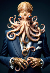 Antropomorfismo, pulpo,  retrato, arte, hombre pulpo elegante, fantasia
