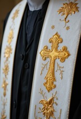 Alba y la estola de un sacerdote, bordados con cruces doradas y motivos florales
