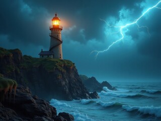 Faro situado sobre un acantilado rocoso, su brillante faro brillando a través de un cielo nocturno tormentoso
