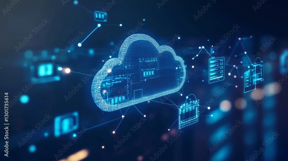 Poster managing data efficiency modern server room technology infrastructure high-tech environment wide-ang