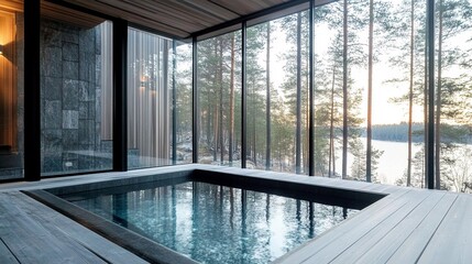 Nordic-Style Cold Plunge Pool with Natural Stone and Wooden Decking in a Serene Forest Retreat