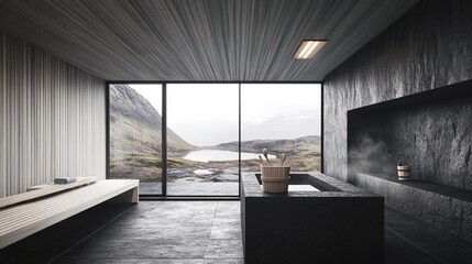 Obraz premium Minimalist Nordic Steam Sauna with Dark Basalt Walls and Warm Wooden Accents for Ultimate Relaxation