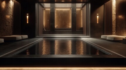 Luxury Nordic Thermal Bath with Hot and Cold Pools, Dark Stone Flooring, and Warm Ambient Lighting