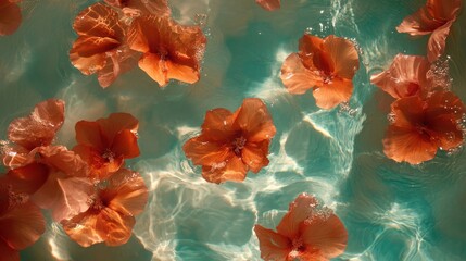 Floating Tropical Flowers in Calm Water Pool