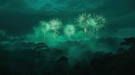 Green fireworks exploding over a misty forest at night.