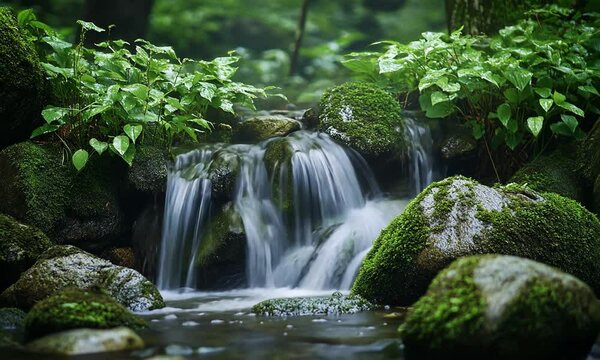 A serene waterfall cascades over moss-covered rocks, surrounded by lush green foliage, creating a peaceful natural scene.