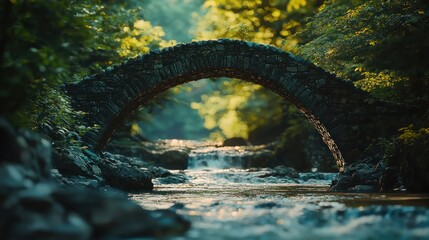 Fototapeta premium Stone arch bridge over a flowing stream in a lush forest.
