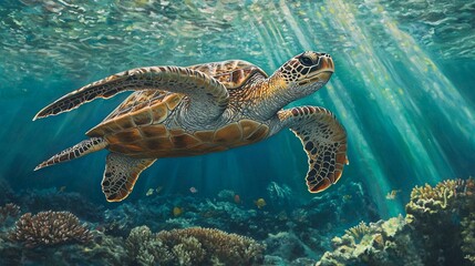 Fototapeta premium Majestic Sea Turtle Gliding Through Crystal-Clear Waters with Sunlit Coral Reef Below