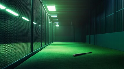 Dramatic Indoor Batting Cage at Night with Fluorescent Lighting and Shadows