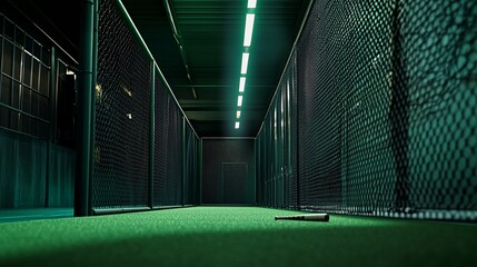 Moody Indoor Batting Cage at Night with Dramatic Lighting and Shadows
