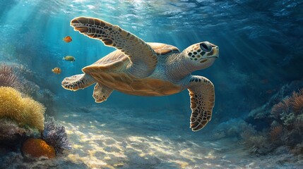 Obraz premium Stunning Loggerhead Sea Turtle Gliding Through Clear Ocean, Vibrant Marine Life and Sunlit Coral Reefs in High Dynamic Range