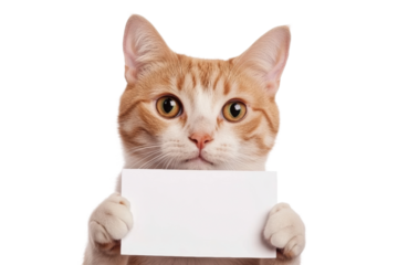 Orange tabby cat holding a blank card, cut out