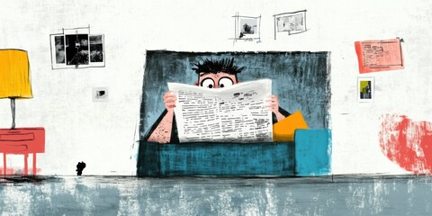 A person is comfortably reading a newspaper in their cozy home with colorful decor