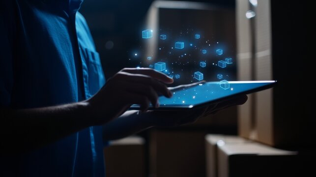 Male using digital tablet with floating holographic icons in a warehouse setting. - Powered by Adobe