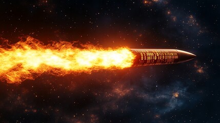 Missile launch, space, fiery trail, cosmic background, military