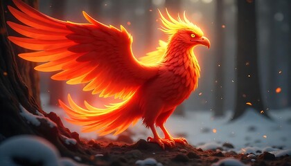 Fototapeta premium A vibrant red and orange mythical bird stands in a forest