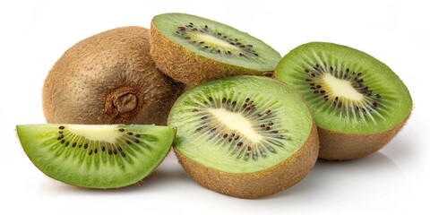 Fototapeta premium Group of whole kiwi fruits and kiwi slices, isolated on white background
