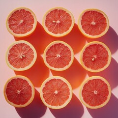 Pink background, nine grapefruit halves arranged, vibrant citrus, healthy food, flatlay, website design