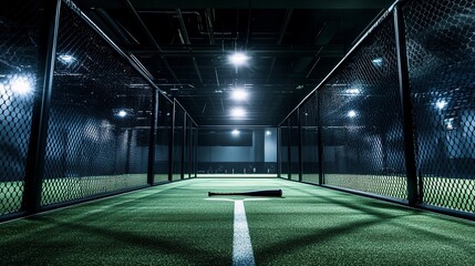 Immersive Indoor Baseball Batting Cage with Cinematic Lighting and Deep Perspective