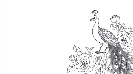 Fototapeta premium Elegant peacock and roses sketch.
