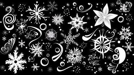Obraz premium Winter Wonderland: Hand-Drawn Snowflakes and Swirls on Black Background AI Generated
