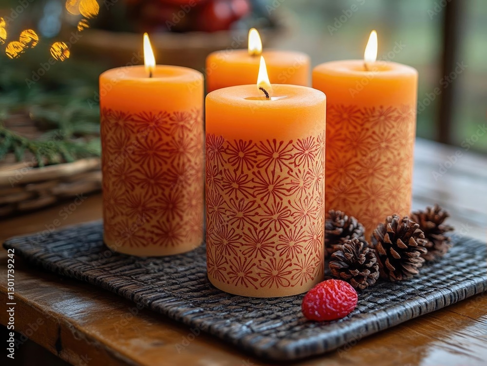 Poster four beautifully designed orange candles with intricate patterns on a rustic table, surrounded by pi