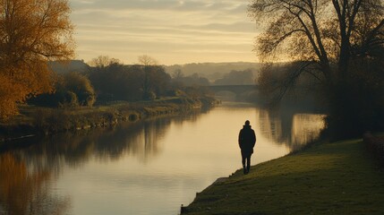 Person Taking a Slow Walk Along a Quiet Riverbank at Sunset