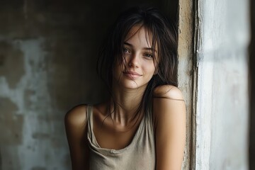 Fototapeta premium Beautiful young woman smiling and leaning against window in abandoned building