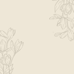 Fototapeta premium Minimalistic contour drawing of crocuses with an elegant floral frame. Delicate lines create a refined composition, perfect for invitations, backgrounds, and decorative designs.
