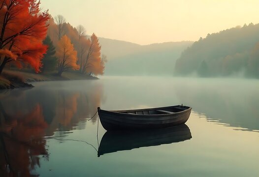 A small rowboat floating peacefully on the misty lake water