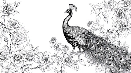 Monochrome peacock amidst blooming roses.
