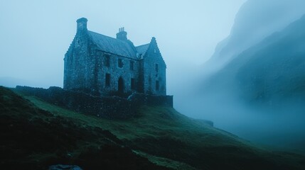 Obraz premium Foggy, abandoned stone house on a hillside.