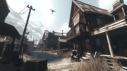 Fototapeta premium Snowy Mountain Town Street Scene