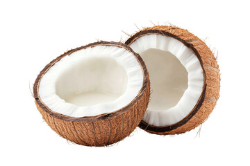 Coconuts split open revealing white flesh inside, cut out