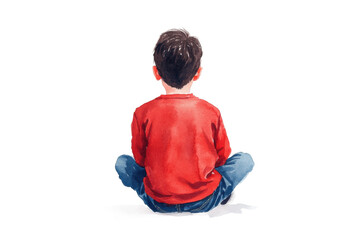 Child in a red shirt sitting on the floor, cut out