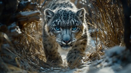 Obraz premium Majestic snow leopard cub with striking blue eyes emerges from snowy bushes.