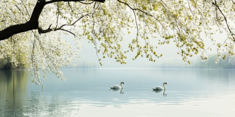 Serene Swans Gracefully Floating on a Tranquil Lake Surrounded by Blossoming Trees in Bloom