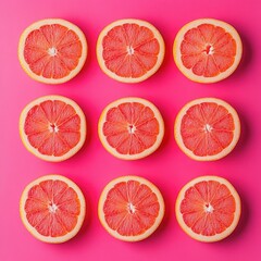 Pink background grapefruit slices pattern food photography (5)