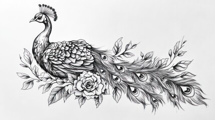Fototapeta premium Monochrome peacock with floral design.