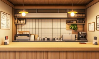 Wooden cafe counter with kitchen appliances and warm lighting ambiance.
