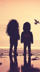 Fototapeta premium Two children silhouettes, sunset beach scene, contemplation, possible use for children's book or website