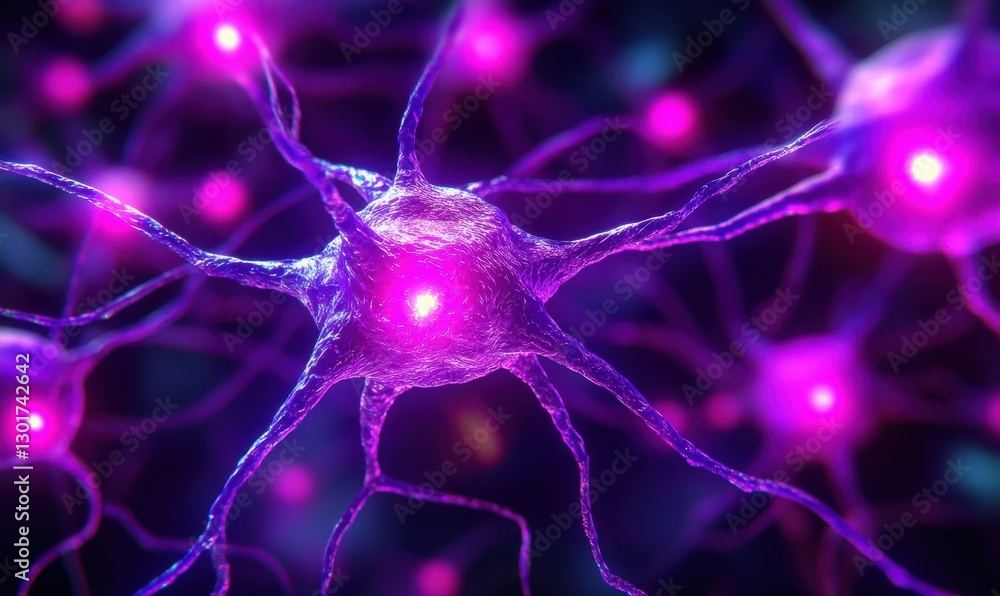 Poster abstract 3d rendering of glowing digital particles forming a complex neural network, vibrant neon hu