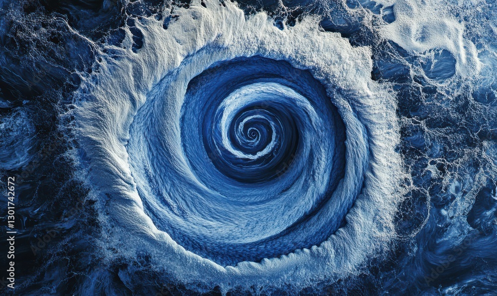 Poster abstract aerial view of a swirling ocean current, deep blue tones blending with foamy white details 