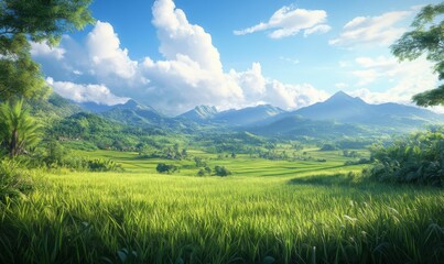 Obraz premium A wide landscape of lush green fields under a bright blue sky, soft morning light enhancing the natural beauty, calm and peaceful vibe