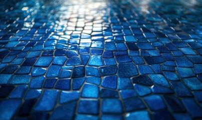 Naklejka premium Abstract blue mosaic tiles glowing under soft ambient lighting, creating a bold and modern design
