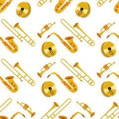 Musical instruments pattern featuring brass and woodwind instruments on white background