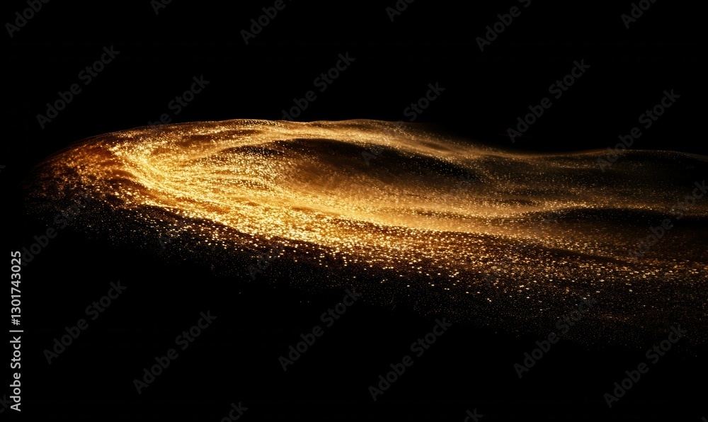 Poster abstract composition of shimmering golden particles scattered in a swirling pattern on a black backg
